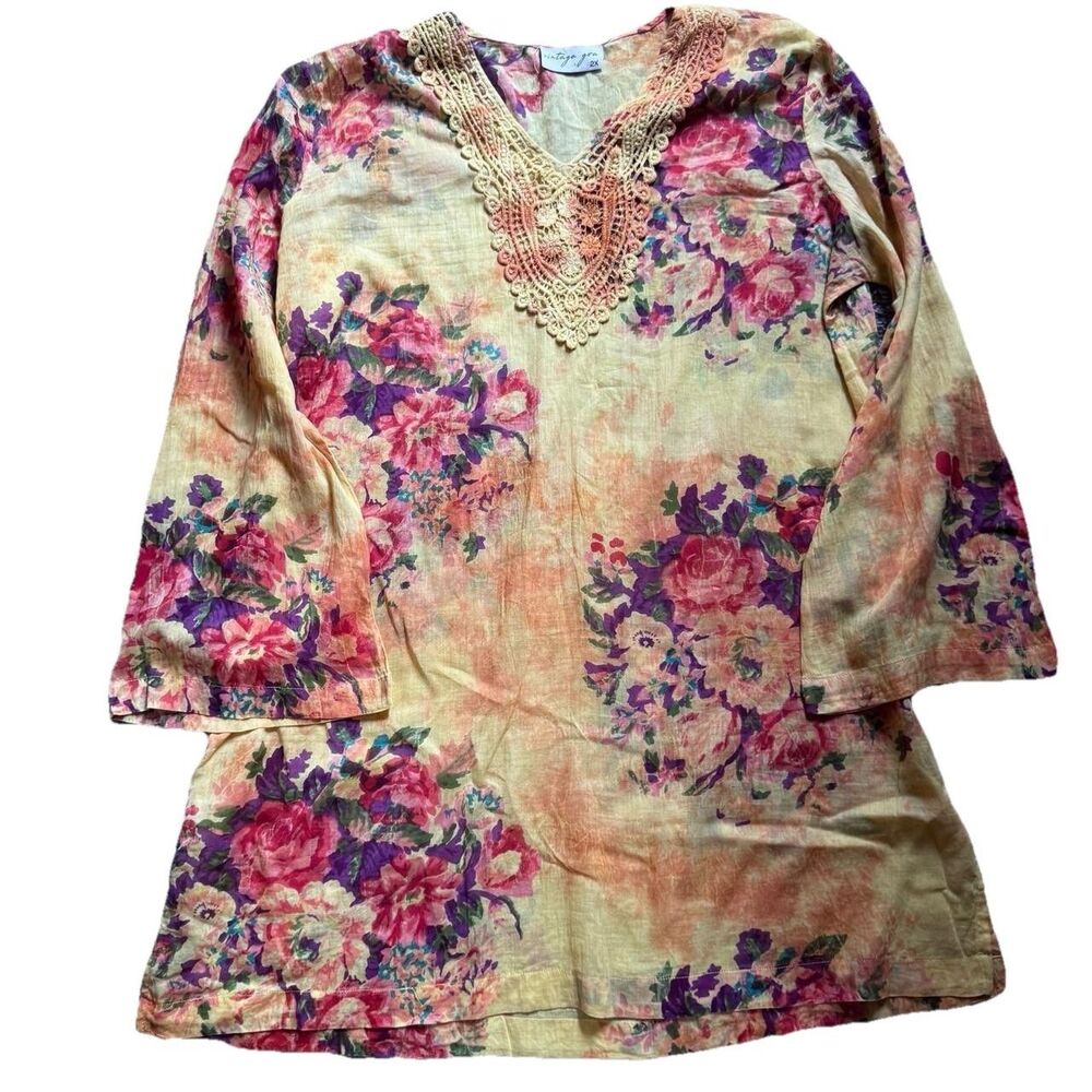 Vintage Goa Women's Floral Crochet Cotton Tunic Blouse 2X Yellow